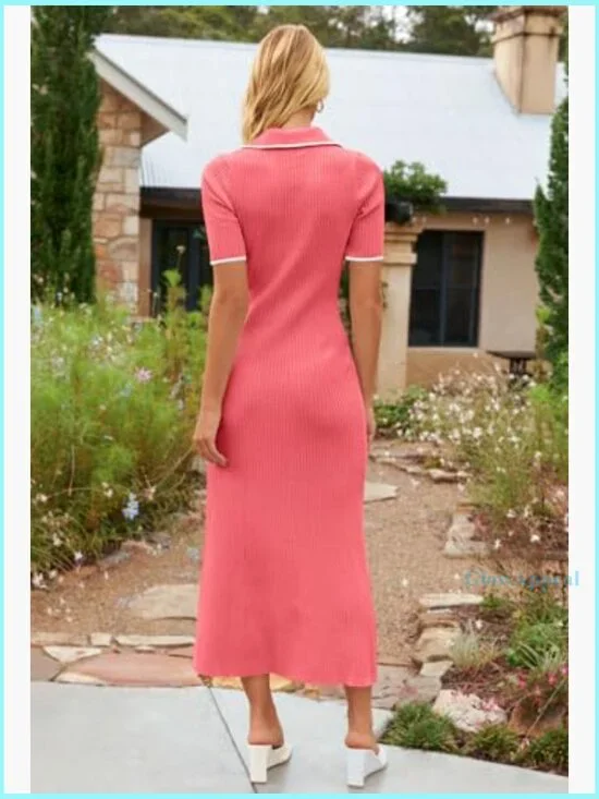 Ribbed Maxi Dress V-Neck Button Front Slim Fit Knit Sweater Dress - Picture 4 of 7